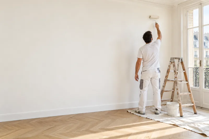 Artisan peignant un mur dans un intérieur parisien lumineux
